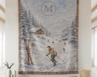 Personalized Vintage Ski Design Woven Blanket | Retro Winter Skiing Throw, Apres Ski Gift