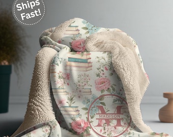 Sherpa Fleece-Decke, personalisierte Blumen- und Bücher-Decke, Buch-Liebhaber-Geschenk, beste Geschenke für sie, Hausschulgeschenk, gemütlicher Überwurf, anpassbar