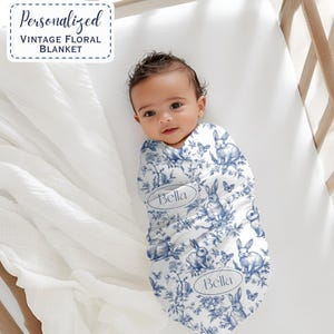 Personalized Baby Girl Blanket: Navy Toile Chinoiserie Velveteen Plush