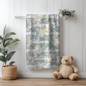 Personalized Blue Toile Velveteen Plush Blanket: Vintage Home Decor