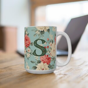 Cottagecore Floral Mug: Personalized Monogram Ceramic Cup (15oz)
