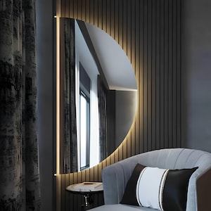 Half Round Led illuminated Wall Mirror - Bathroom Half Moon Decor Led Mirror - Semi Circle Led Washbasin Mirror - Lighted Makeup Art Mirror