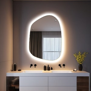 irregular Led Mirror for Bathroom - Asymmetrical Large Wall Mirror - Makeup Backlit Led illuminated Mirror - Vanity Bathroom Mirror with Led