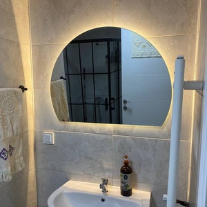 Half Circle LED Lighted Bathroom Mirror - Half Moon Large Mirror with LED light -Vanity Mirror with Led Lights - Radius Moon Led Wall Mirror