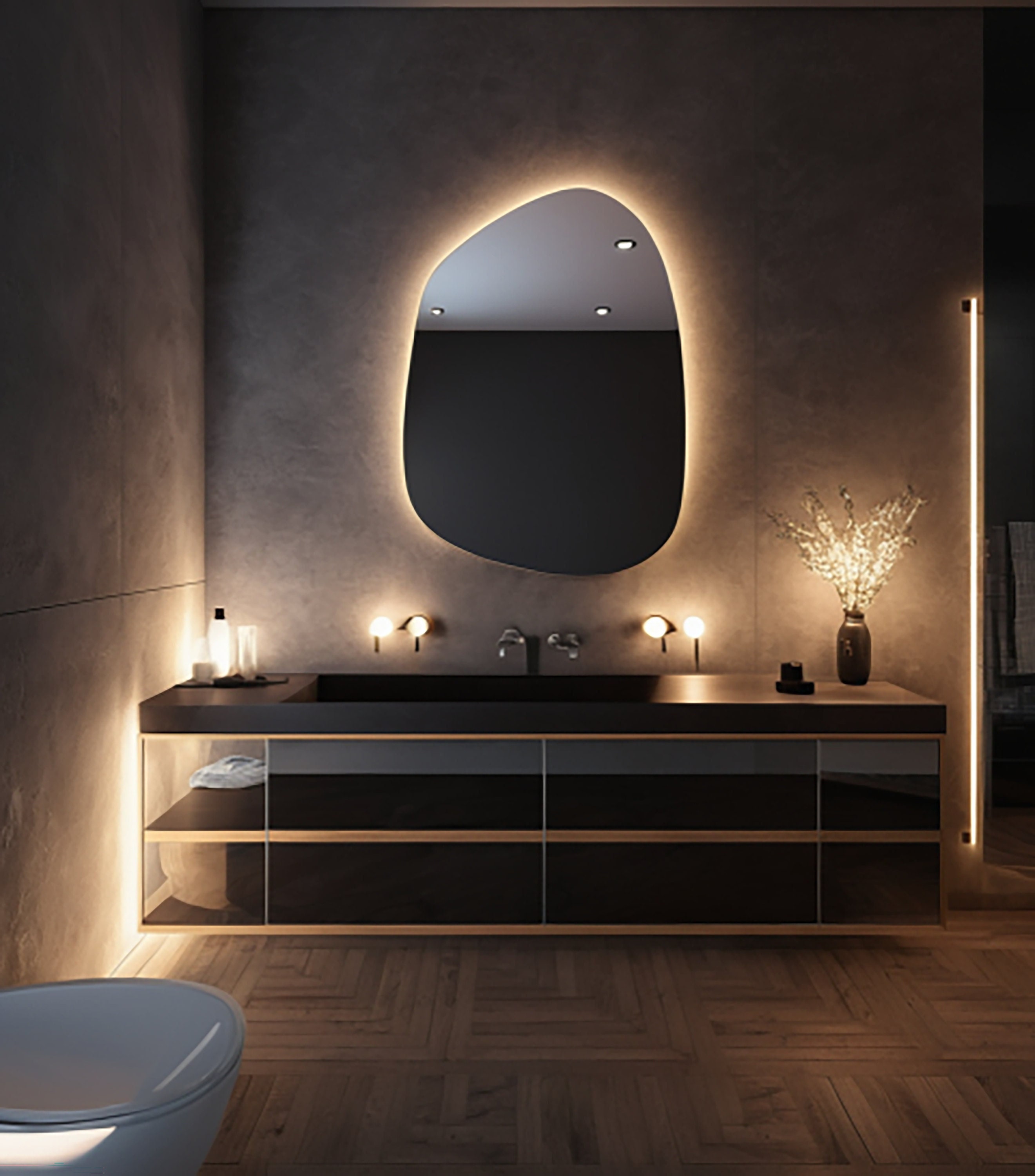 LED Lighted Bathroom Mirror - Sile Irregular Wall LED Mirror Asymmetrical Design - Decorative ...