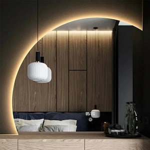 Half Circle LED Lighted Bathroom Mirror, Asymmetrical Mirror With Led Lighting, Large Wall Backlit Mirror, Vanity Mirror with Led Lights
