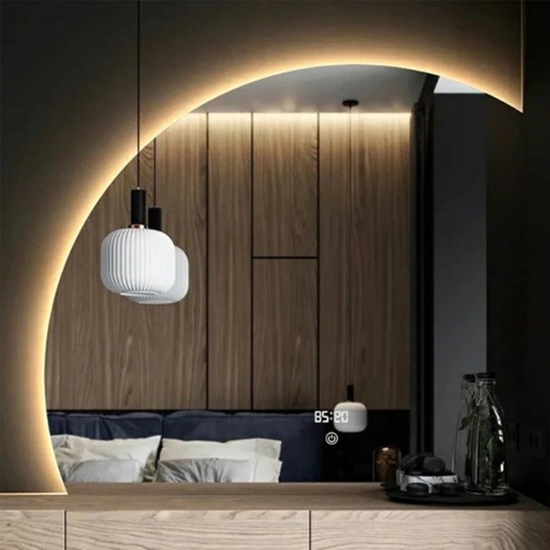 Half Circle LED Lighted Bathroom Mirror, Asymmetrical Mirror With Led Lighting, Large Wall Backlit Mirror, Vanity Mirror with Led Lights