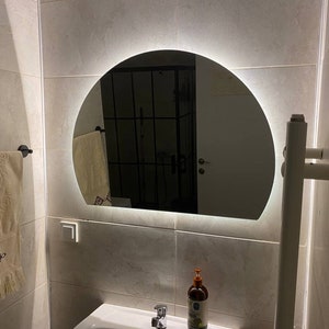 Half Circle LED Lighted Bathroom Mirror, Vanity Mirror with Led Lights, Large Wall Backlit Mirror, Asymmetrical Mirror With Led Lighting