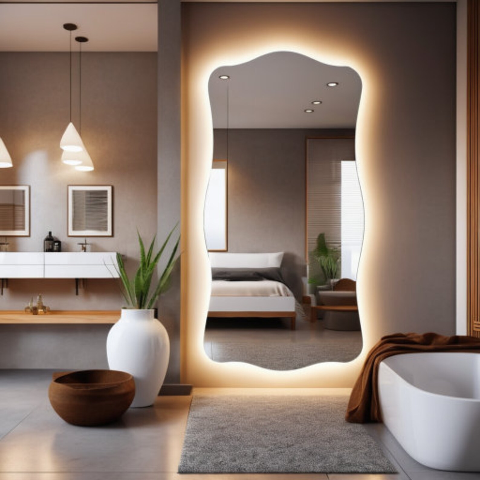 Full Length Led Bedroom Mirror Full Body Floor Irregular Mirror