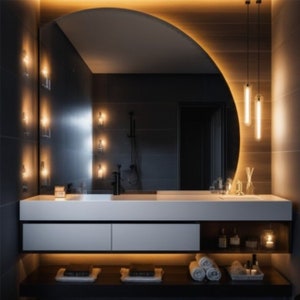 Puede incluir: Un tocador de ba&ntilde;o moderno con una encimera blanca y dos cajones. El tocador tiene un estante incorporado y est&aacute; iluminado por una luz c&aacute;lida y ambiental. Un espejo grande y redondo con la parte superior curvada cuelga sobre el tocador.