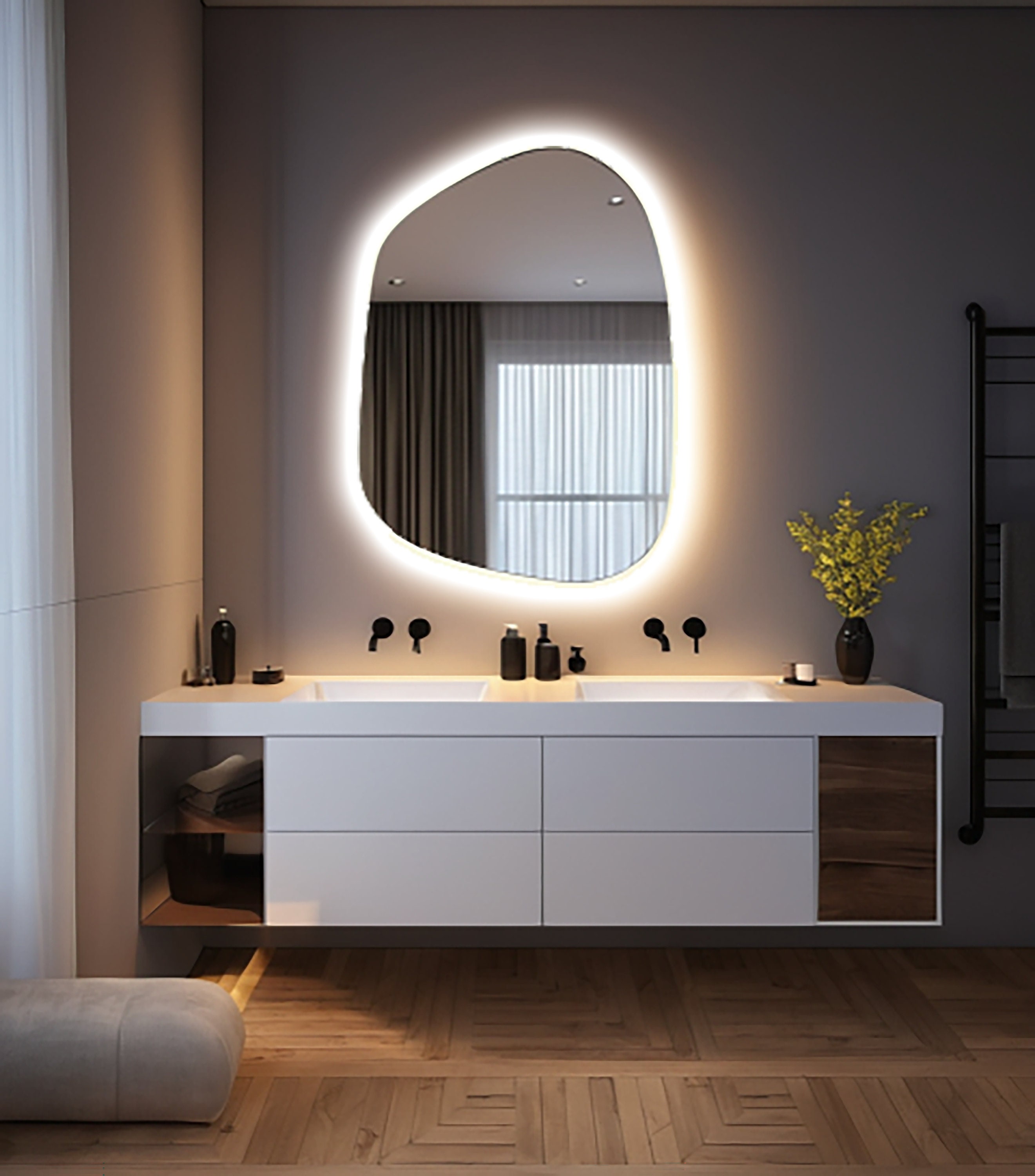 LED Lighted Bathroom Mirror - Sile Irregular Wall LED Mirror Asymmetrical Design - Decorative ...
