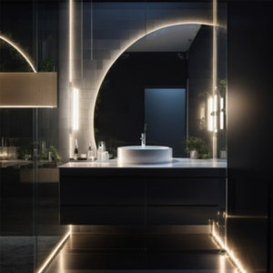 Puede incluir: Un tocador de ba&ntilde;o moderno con un lavabo de porcelana blanca y un espejo grande y redondo con un borde delgado iluminado. El tocador est&aacute; hecho de madera oscura y tiene un dise&ntilde;o elegante y minimalista.
