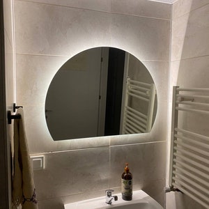 Half Circle LED Lighted Bathroom Mirror, Asymmetrical Mirror With Led Lighting, Large Wall Backlit Mirror, Vanity Mirror with Led Lights