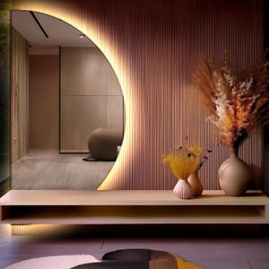 Halve maanspiegel met led - halve cirkel decoratieve muur badkamerspiegel - esthetisch modern uniek aangepast formaat grote led halfronde spiegel