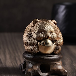 Bronze Fortune Panda Statue, Fine Metal Panda Figurine, Desk and Shelf Decor, Cast Panda Crafts Collectibles, Tabletop Display, Home Decor
