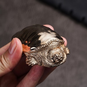 May include: A gold-colored turtle figurine with a detailed, textured shell and a realistic face. The turtle is sitting on its belly with its legs tucked in.
