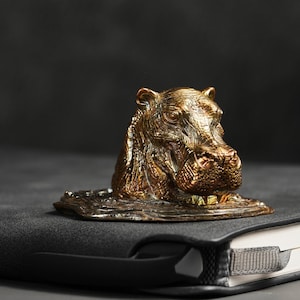 Bronze Casting Wealth Hippo Figurine, Copper Metal Hippo Artwork, Home and Tabletop Display, Office Handcraft Hippo Decor, Bookcase Decor