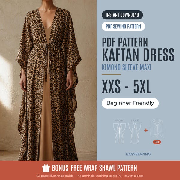 Kaftan Dress Sewing Pattern, Kimono Sleeve Maxi, Plus Size Resort Wear | The Noemie
