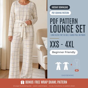 Può includere: Un completo lounge con top a maniche lunghe e pantaloni svasati con motivo a quadri grigi e stelle gialle su fondo bianco. Il top include una cintura da annodare. Testo: INSTANT DOWNLOAD, PDF SEWING PATTERN, PDF PATTERN LOUNGE SET, XXS-4XL.