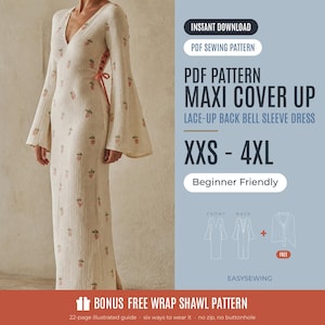 May include: A cream-colored maxi dress with a V-neckline, long bell sleeves, and a pink lace-up side detail. The fabric features a small repeating strawberry print. Text includes: INSTANT DOWNLOAD, PDF SEWING PATTERN, MAXI COVER UP, XXS - 4XL.