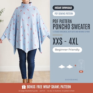 Puede incluir: Un suéter tipo poncho de color azul claro con un patrón de rayas verticales blancas y pequeños motivos de langostas rojas. La prenda cuenta con cuello alto y mangas largas. El texto incluye: INSTANT DOWNLOAD, PDF SEWING PATTERN, PDF PATTERN PONCHO SWEATER, XXS - 4XL, Beginner Friendly, BONUS FREE WRAP SHAWL PATTERN.
