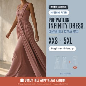 Op de afbeelding: Een oudroze infinity-jurk met een converteerbaar 12-weg maxi-ontwerp. Het PDF-naaipatroon bevat maten XXS tot 5XL en is beginnersvriendelijk. Tekst: INSTANT DOWNLOAD, PDF SEWING PATTERN, PDF PATTERN INFINITY DRESS, CONVERTIBLE 12 WAY MAXI, XXS - 5XL, Beginner Friendly, BONUS FREE WRAP SHAWL PATTERN, 22-page illustrated guide, twelve ways to tie it, no zip, no buttonhole, EASYSEWING.