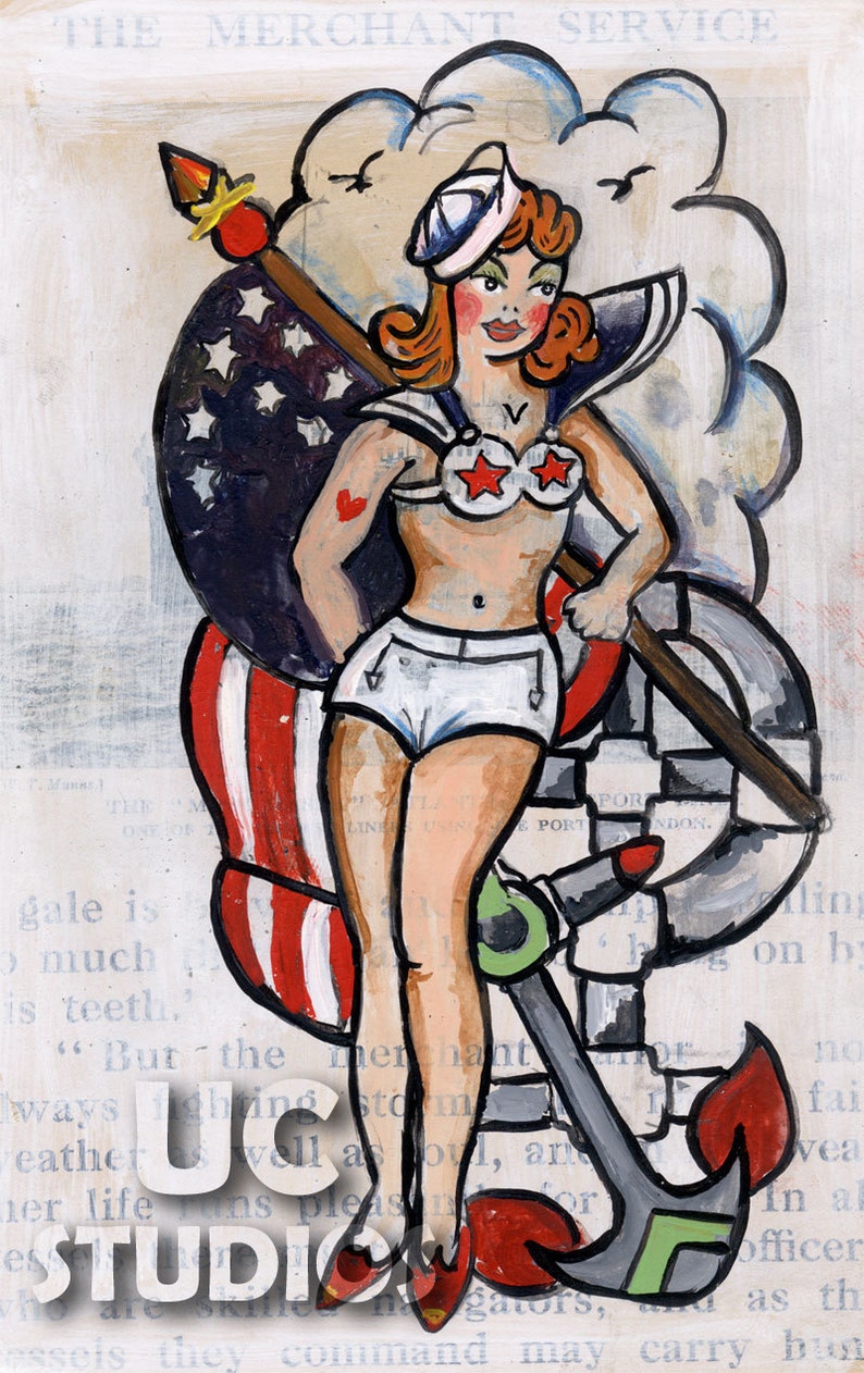 Patriotic Tattoo Sailor Babe Pinup UC Studios PRINT 199 from Painting by Michael Brown image 1