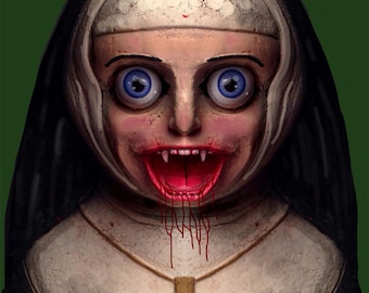 May include: A creepy, porcelain doll dressed as a nun with a wide, open mouth and dripping blood. The doll has large, blue eyes and a white head covering. The doll is wearing a black habit and a gold cross necklace. The text "UC STUDIOS" is printed on the doll's chest.