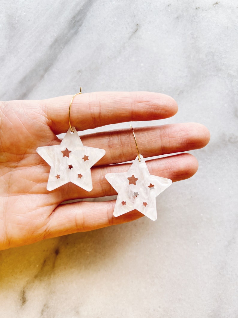 Starry Star Hoops . Hoop Earrings . Lasercut Acrylic . Celestial . Ear Hoops . Gift for Her . Moon & Stars . Statement Earrings image 1