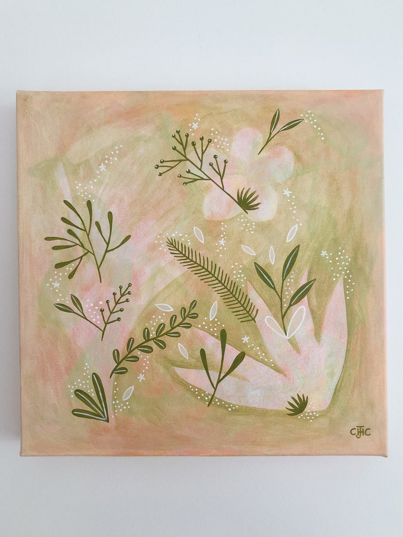 Original Acrylic Painting . Dreaming in Pastels . Florals Leaves . Pastel Colours Whimsical Happy . Canvas Painting Wall Art . Acrylic Paint image 1