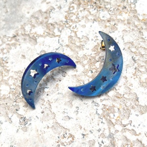 Starry Moon Studs . Stud Earrings . Lasercut Acrylic . Celestial . Ear Studs . Gift for Her . Moon & Stars . Statement Earrings image 2