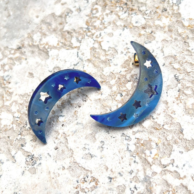 Starry Moon Studs . Stud Earrings . Lasercut Acrylic . Celestial . Ear Studs . Gift for Her . Moon & Stars . Statement Earrings image 2