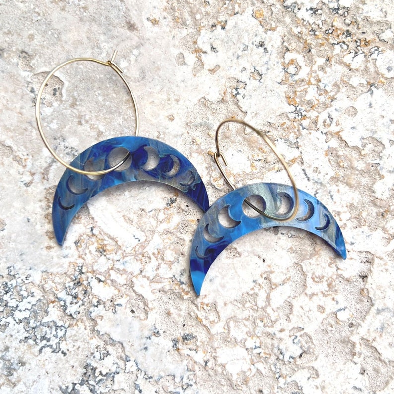 Moonphase Hoops . Hoop Earrings . Lasercut Acrylic . Celestial . Ear Hoops . Gift for Her . Moon & Stars . Statement Earrings image 1