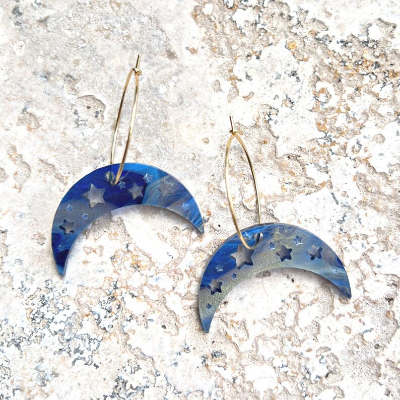 Starry Moon Hoops . Hoop Earrings . Lasercut Acrylic . Celestial . Ear Hoops . Gift for Her . Moon & Stars . Statement Earrings image 1