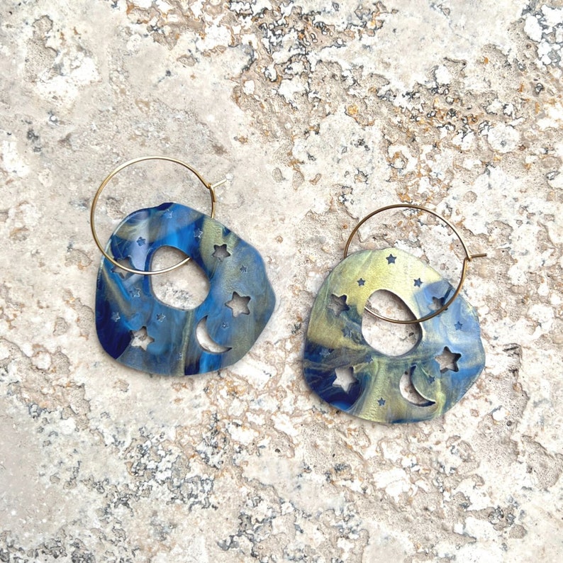 A Piece of Sky Hoops . Hoop Earrings . Lasercut Acrylic . Celestial . Ear Hoops . Gift for Her . Moon & Stars . Statement Earrings image 1