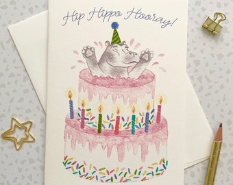 Hippo Birthday Card. Hippo Lover. Blank Card. Watercolor Art. Hippo Gift. Pun Card. Animal card. Birthday Cake