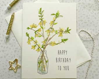 Flower Card. Floral Birthday Card. Forsythia Flower Card. Watercolor Flower Card. Flowers in Vase. Wild Flowers. Card for Friend. Blank card