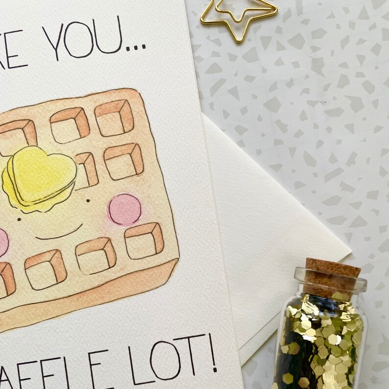 Waffle Card. Foodie Card. Food Pun. Same sex card. Card for her. Card for him. Love card. Kawaii Waffle Card. I like you card. Blank Card image 4