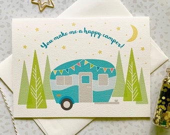 Happy Camper Card. Vintage Camper Card. Love Card. Camping Card. Anniversary Card. Vintage Caravan. Travel Card. Single Card. Blank Card.