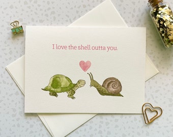 Turtle Valentine. Valentines Day. Love Card. Card for Her. Card for Him. Snail Card. Turtle gift. Snail pun. Turtle pun. Blank card for them