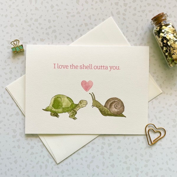 Turtle Valentine. Valentines Day. Love Card. Card for Her. Card for Him. Snail Card. Turtle gift. Snail pun. Turtle pun. Blank card for them