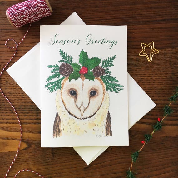 Owl Christmas Card Barn Owl Card Seasons Greetings Greenery Etsy