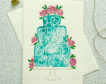 Wedding Cake Card. Engagement Card. Wedding Card. Watercolor Flowers. Forever Card. Happily Ever After. Hand lettering card. Congrats card