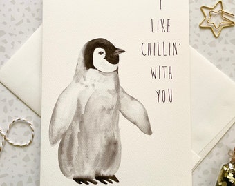 Penguin Card. Baby Penguin Card. I Like You. Love Card. Penguin Pun Card for Him. Card for Her. Friendship Card. Single Card. Blank Card