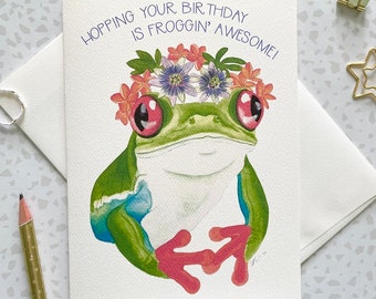 Frog Birthday Card. Floral Card. Blank Animal card. Gift for gardener. Birthday cards. Happy Birthday. Frog pun. Frog gift. Frog lover.