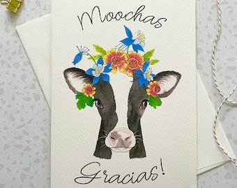 Cow Card. Floral Card. Thank you card. Watercolor Cow. Cow Art. Cow pun. Boho card. Flower crown animal. Blank card. Farm animal card