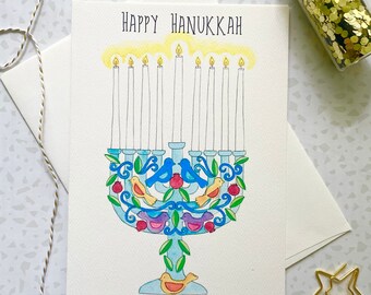 Menorah Card. Hanukkah Menorah. Jewish Holiday Card. Happy Hanukkah. Seasonal Lights. Watercolor Menorah Painting. Single Card. Blank card