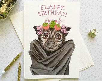 Bat Birthday Card. Bat Lover. Blank Card. Watercolor Art. Fruit bat Gift. Pun Card. Animal card. Flower crown bat.