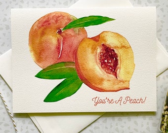 Peach Card. Peach Pun Card. Food Pun. Fruit Pun. Thank you card. Friendship Card. Blank Card. Single Card. Watercolor Peach. Just Because