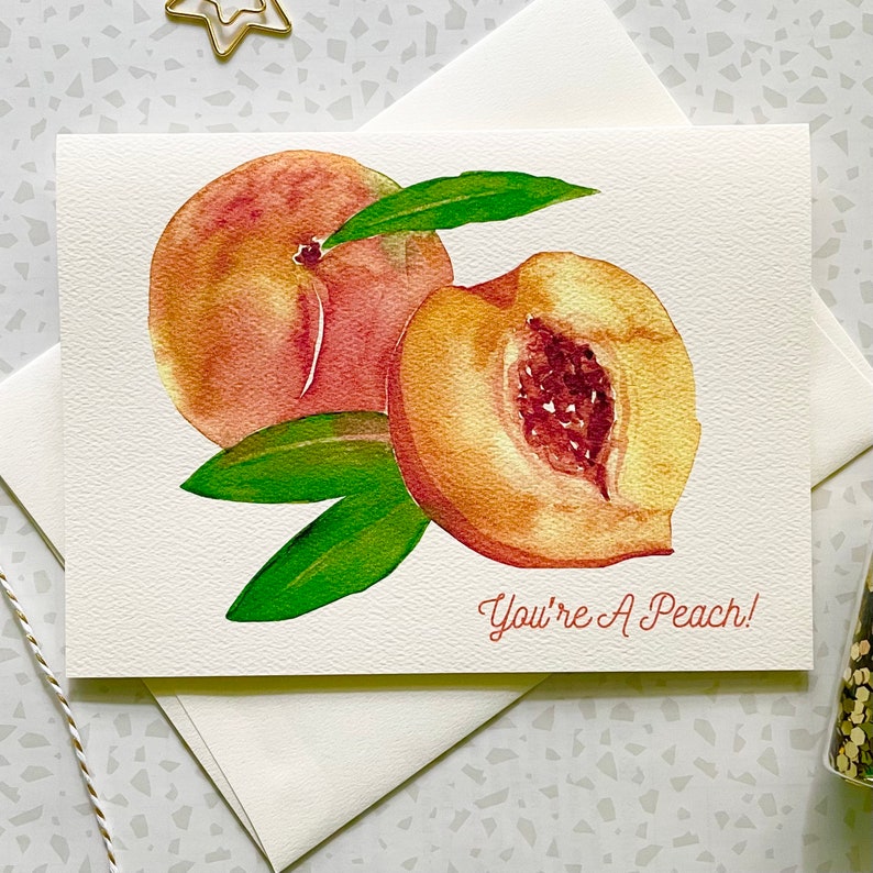 Peach Card. Peach Pun Card. Food Pun. Fruit Pun. Thank you card. Friendship Card. Blank Card. Single Card. Watercolor Peach. Just Because image 1